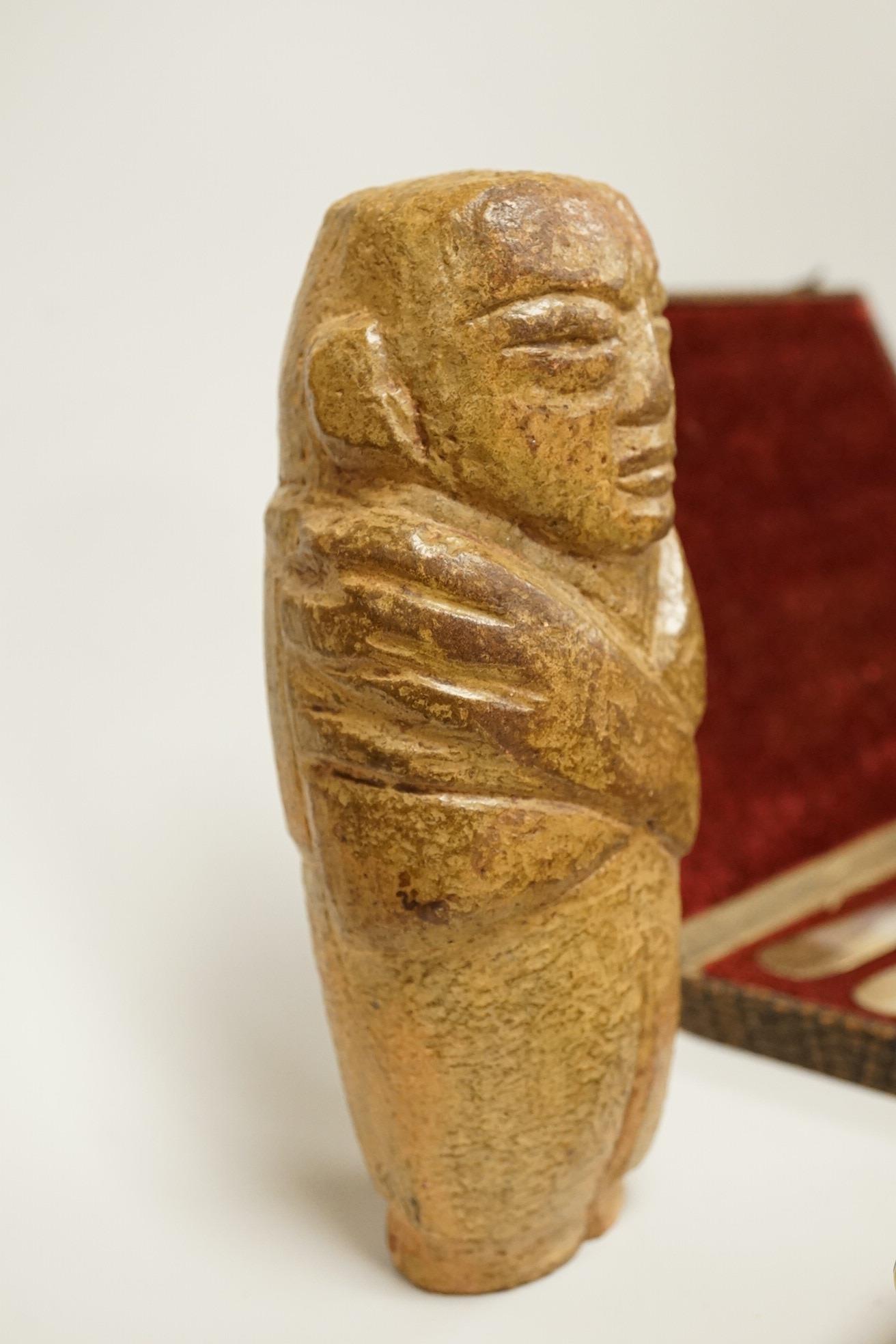 A cased set of semi-precious handled butter knives, two Chinese pottery teapots, a stoneware box and a figure, etc.